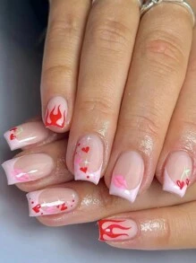 Upgrade Your Nail Art Style 24pcs Medium Square Shape French False Nails With Shiny Flame & Heart Detail, Simple Pink Lips False Nails For Valentine'S Day, Date Night With 1pc Nail File & 1pc Jelly Glue - Multicolor - View 1