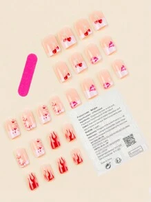 Upgrade Your Nail Art Style 24pcs Medium Square Shape French False Nails With Shiny Flame & Heart Detail, Simple Pink Lips False Nails For Valentine'S Day, Date Night With 1pc Nail File & 1pc Jelly Glue - Multicolor - View 2