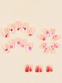 Upgrade Your Nail Art Style 24pcs Medium Square Shape French False Nails With Shiny Flame & Heart Detail, Simple Pink Lips False Nails For Valentine'S Day, Date Night With 1pc Nail File & 1pc Jelly Glue - Multicolor - View 3