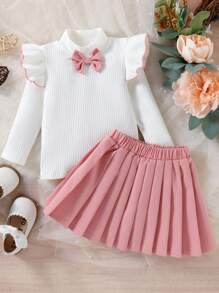 2pcs/Set Adorable Baby Girls' Lovely And Elegant Ruffle Hem Top & Pleated Skirt Set With Bow Perfect For Daily, Vacation And Parties - Multicolor - View 1