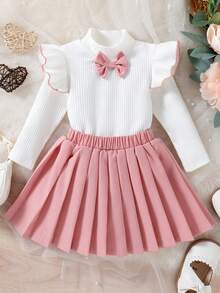 2pcs/Set Adorable Baby Girls' Lovely And Elegant Ruffle Hem Top & Pleated Skirt Set With Bow Perfect For Daily, Vacation And Parties - Multicolor - View 7