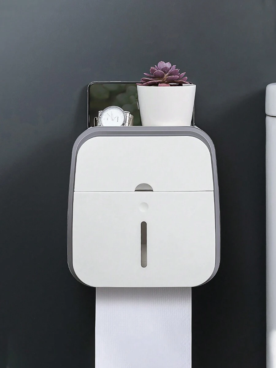 1 件灰色壁掛式浴室紙巾架,附手機槽和衛生盒,防水紙巾架,家用廁所收納架,無需鑽孔 - 灰色 - 查看 1