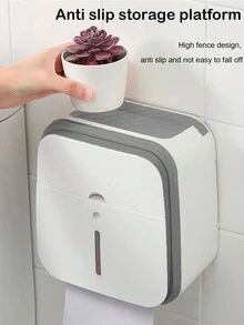 1 件灰色壁掛式浴室紙巾架,附手機槽和衛生盒,防水紙巾架,家用廁所收納架,無需鑽孔 - 灰色 - 查看 5