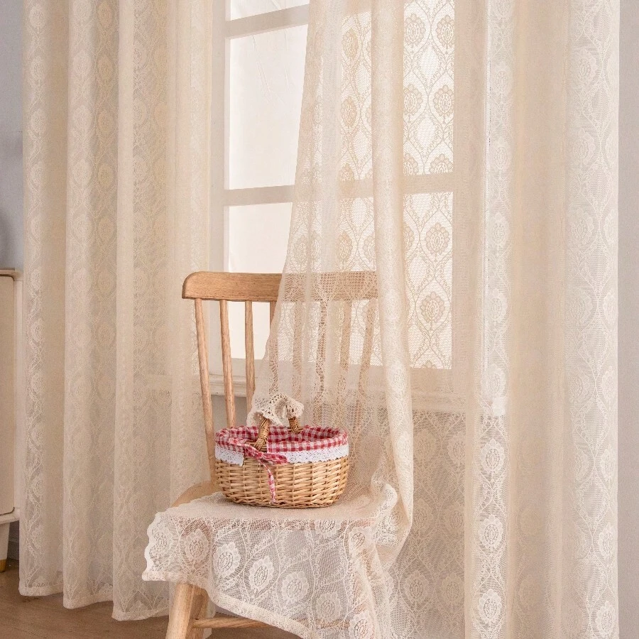 1 件法式浪漫復古風格象牙色蕾絲窗簾,帶花卉圖案,門/窗房間隔間,適合家居裝飾 - 米色 - 查看 1