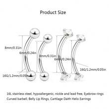 4入組16g時尚不銹鋼微小眉環男女適用,彎曲的杆狀蛇紋眉環穿刺耳臍肚唇鉤環,適用於日常穿戴和派對聚會