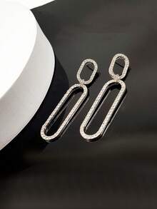 1pair Fashionable All-Match Elegant Silver Plated Oval Loop Rhinestone Stud Earrings For Women - Silver - View 2