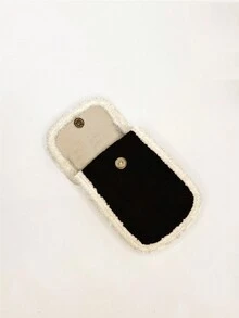 Winter New Style Women'S Mobile Phone Bag, Fluffy Sheepskin Mini Cream Mobile Phone Bag, Plush Shoulder Crossbody Coin Purse, Fashionable Contrast Color Vertical Mini Mobile Phone Bag - Black - View 4