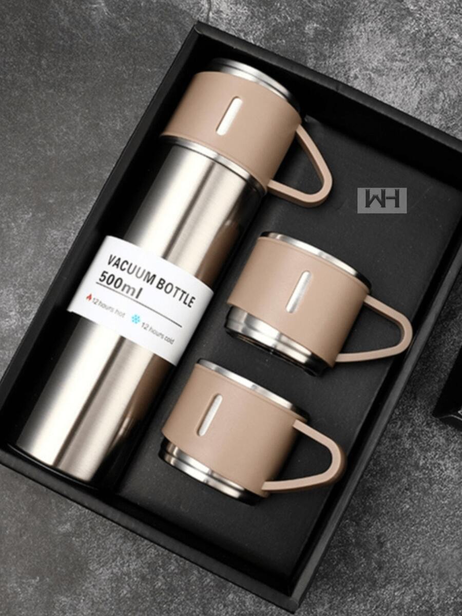 Vaso Termo con Set de 3 Tazas Vaccum Para Frío y Caliente - Marrón - Ver 1