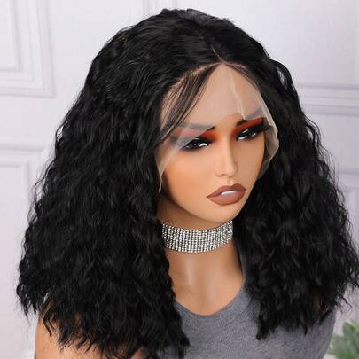 Tóc giả ren phía trước, dài 16 inch, mật độ 180, màu đen tự nhiên, kiểu tóc bob ngắn gợn sóng, xoăn bồng bềnh, có tóc con, chịu nhiệt, đã được tỉa sẵn, thích hợp sử dụng hàng ngày, 1 chiếc.