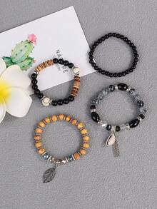 4入組波西米亞風格玻璃珠、貝殼和鋅合金吊墜手鐲套裝,男士沙灘服和日常穿搭 - 黑色 - 查看 3
