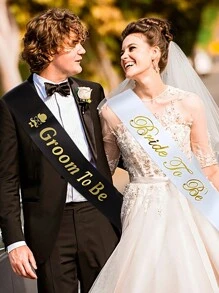 2pcs/Set Bride To Be Set, Groom & Bride Wedding Party Sash And Badge, Bachelorette Shower Decoration Accessory - White - View 5