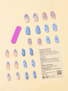 Get Glamorous With 24pcs Long Almond Blue Heart Star Floral Pattern French Fake Nail & 1sheet Tape & 1pc Nail File Press On Nails Nail Supplies - Multicolor - View 2