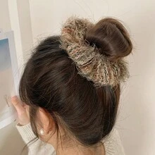 1pc Women's Sweet Woolen Hair Tie Knit Rainbow Plush  Ring Hair Accessory With Lace Bowknot Elastic Band - Multicolor - View 3