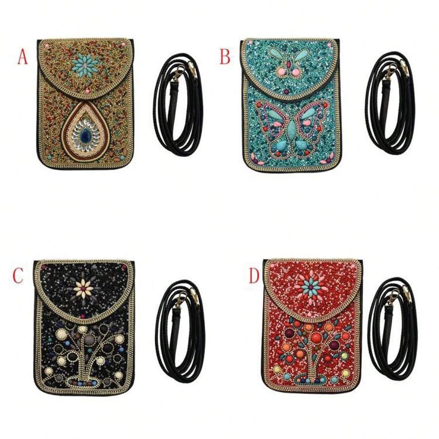 重工业波西米亚风米珍珠贝壳花精致PU旅行摄影单肩斜挎包磁扣女包 - 黃色 - 查看 1