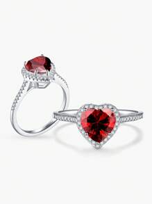 Glamorous Silver Cubic Zirconia Decor Heart Design Ring For Women For Wedding Gift - Red - View 1