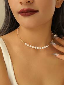 1pc Latest 2024 Faux Pearl Necklace With 14k Gold And Copper Wire For Women, Fashionable Birthday Party Gift - 10 Pearls - View 10