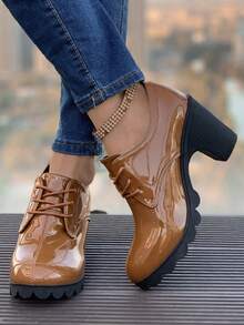 Women's Black Mary Jane Shoes With Round Toe, Thick Heel And Ankle Strap, Made Of Soft Leather, Suitable For Work - Brown - View 2