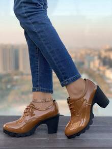 Women's Black Mary Jane Shoes With Round Toe, Thick Heel And Ankle Strap, Made Of Soft Leather, Suitable For Work - Brown - View 7