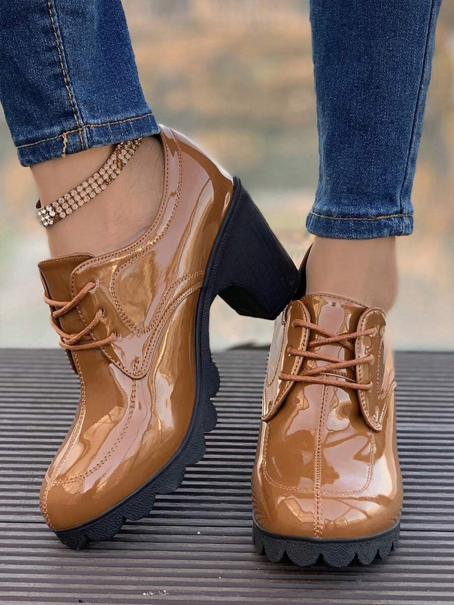 Women's Black Mary Jane Shoes With Round Toe, Thick Heel And Ankle Strap, Made Of Soft Leather, Suitable For Work - Brown - View 1