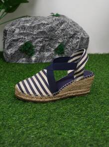 Suomihu 2024 New Arrival Women Espadrilles With Platform And Wedge Heel For Vacation, Solid Blue/Navy Blue Stripe & Woven Raffia Bottom Fisherman Sandals - Royal Blue - View 8