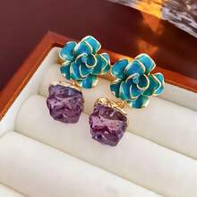 1 对银针不对称油滴玫瑰花耳环，奢华时尚紫水晶耳坠，高端感性礼物 - 彩色 - 查看 2