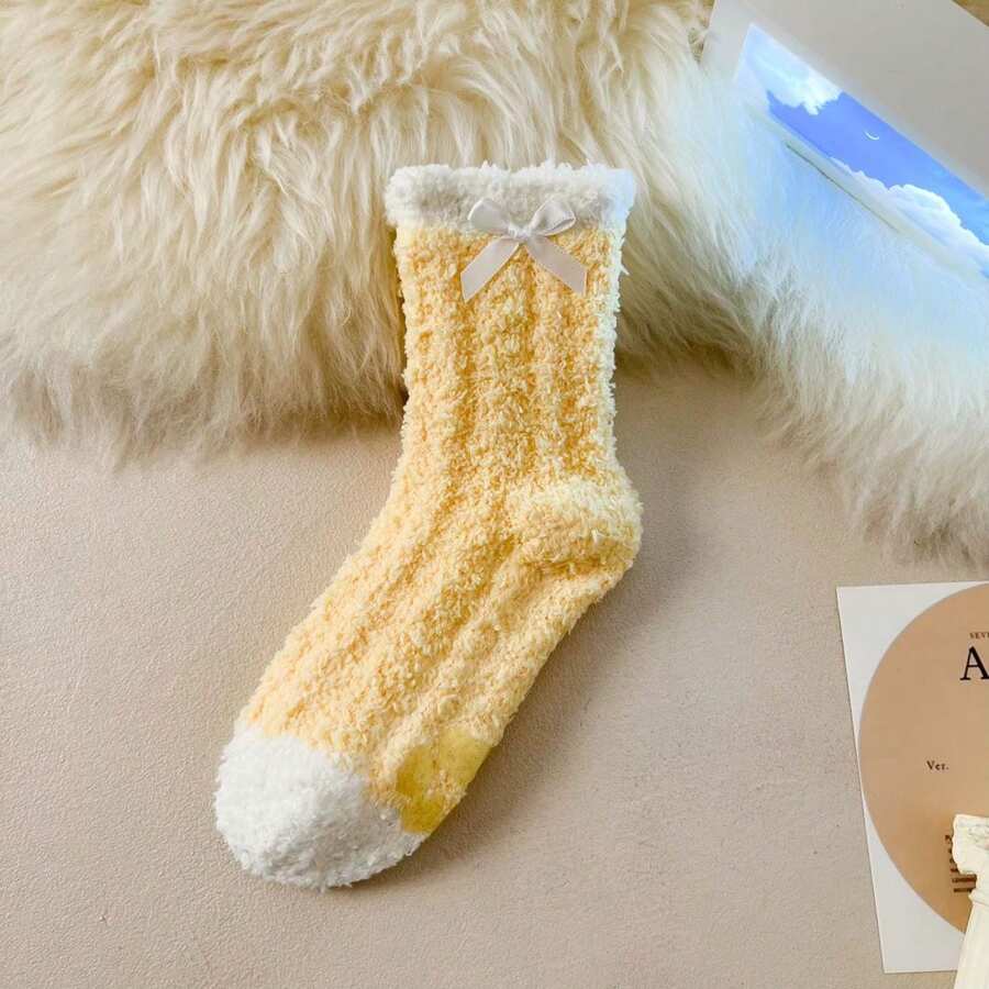 可爱日式珊瑚绒女童袜子加厚居家地巾袜睡眠产后毛绒袜秋冬季 - 黃色 - 查看 1