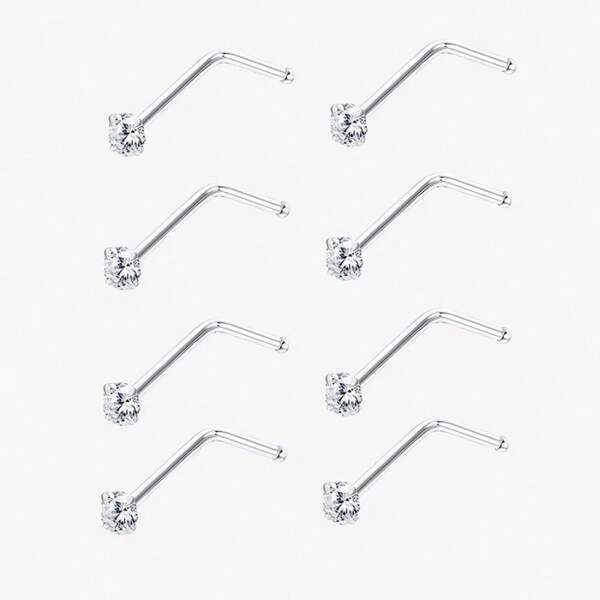 8pcs 1.5/2/2.5/3mm Cubic Zirconia Nose Piercing Jewelry Nose Studs, I L Shaped Shiny Crystal Bone Nostril Piercing Jewelry