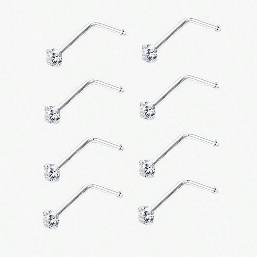 8pcs 1.5/2/2.5/3mm Cubic Zirconia Nose Piercing Jewelry Nose Studs, I L Shaped Shiny Crystal Bone Nostril Piercing Jewelry