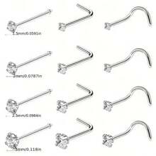 8pcs 1.5/2/2.5/3mm Cubic Zirconia Nose Piercing Jewelry Nose Studs, I L Shaped Shiny Crystal Bone Nostril Piercing Jewelry
