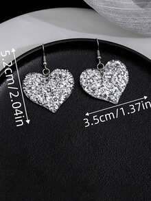 1pair New Heart Shaped Acrylic Hook Earrings For Women, Creative Design With Sparkling Sequins - Silver - View 3