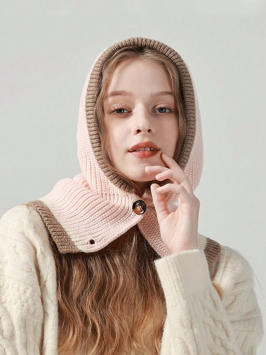 1入組女式貝雷帽和圍巾套裝,采用針織毛線材料,非常適合秋冬季節穿著 - 粉色 - 查看 1