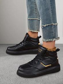 新款女士休閒運動厚底運動鞋，時尚平底鞋 - 黑色 - 查看 1