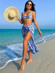植物印花钢圈比基尼搭配网眼外裙度假风格三件套夏季 - 彩色 - 查看 5