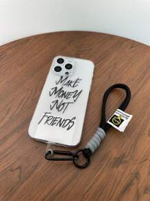 1pc Transparent Tpu Phone Case With Fine Holes & Colorful English Letter Print, With Phone Strap, Compatible With Iphone And Samsung Models - Black - View 3