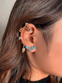 6 件裝簡單復古綠松石、水鑽和葉子設計 C 形耳環套裝,理想的約會禮物 - 24835 - 查看 8