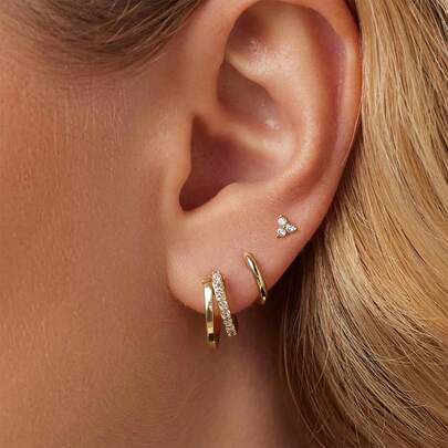 EleRunis 3PCS 925 Sterling Silver Classic Cubic Zirconia Huggie Hoop Earrings Set 18K Gold Plated Cartilage Piercing Earrings Ear Cuff Tiny Studs Fine Jewelry For Women Daily Wear Wedding Valentine's Day (Only 3Singles)