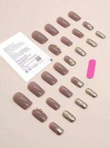 24 Pieces Of Press On Nails Short Square 3D Pattern Fingernails With 1 Nail Glue And 1 Nail File, Handmade Nails Nail Supplies Nails - Dusty Pink - View 2