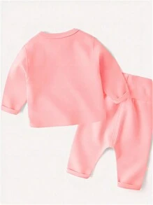 Baby Girl Solid Color Thermal Lined Long Sleeve Top And Long Pants Set - Pink - View 5