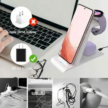 升级版三合一无线充电器。升级智能芯片版本，带磁性版本。无线充电器兼容三星，三合一充电站适用于磁性 Galaxy Watch 6/5/5 Pro/4 Active 2/1 Galaxy S23/Ultra/S23+/S22/Note 20/10/Z Flip 5/4 Fold 5/4 Galaxy Buds 2/2 Pro/Live 多设备..带快速充电线，支持无线快速充电。多功能保护，快速充电不损害设备。ABS 材质，坚固耐用。可同时为手机、无线耳机和智能手表充电。桌上不再有凌乱的充电线。适合情人节礼物/新年礼物。（白色） - 白色 - 查看 9