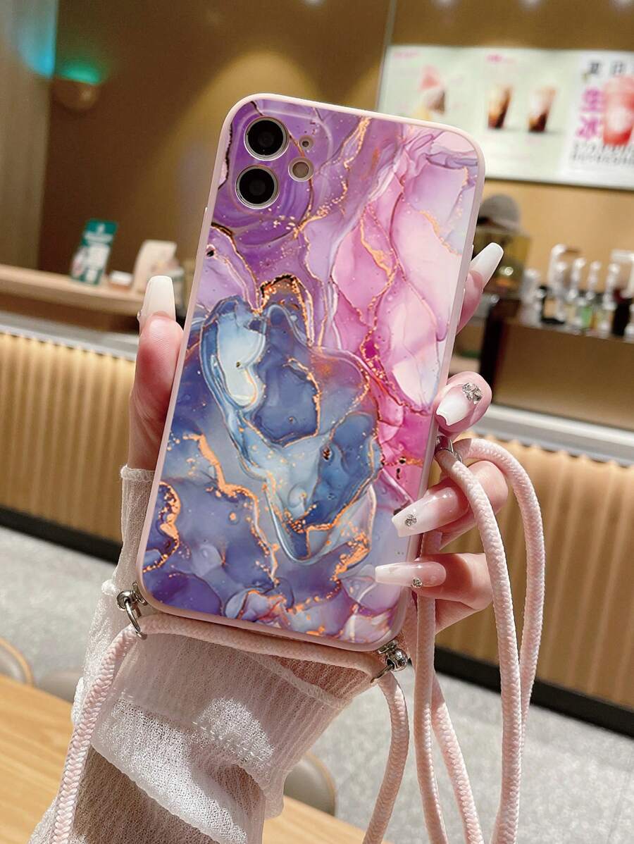 1 Ốp lưng điện thoại viền thẳng họa tiết hoa anh đào và đá cẩm thạch hồng mờ, tương thích với Apple//Redmi//VIVO, chống nước, chống sốc, chống rơi, chống trầy xước - Màu Hồng baby - Xem 1