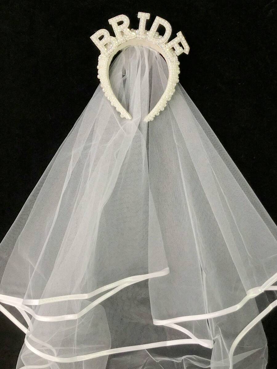 1 件人造珍珠装饰头带带面纱，新娘字母细节人造珍珠发饰，新娘发带，婚礼和单身派对头纱，派对装饰，新娘配饰优雅情人节 - 白色 - 查看 1