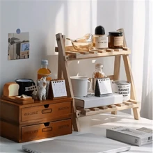 A Handmade Log Folding Simple And Fashionable Desk Storage Rack, Trapezoidal Desktop Display Rack, Double-Layer Fixed Storage Rack With Horizontal Bars, Bedroom Bedside Rack, Dresser Storage Rack, Suitable For Study, Bedroom, Dormitory, Cafe Kitchen.