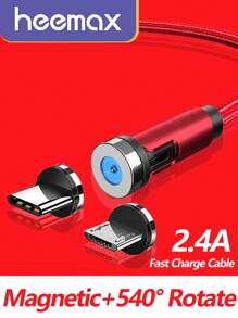 磁力充電線,540°旋轉磁動手機充電線,90°角接頭,2.4a尼龍編織快速充電線,適用於iphone 15 Samsung Galaxy S23/s22/s8 S9 S10 Note 9 Note 10, V30 V40 V50, Moto G8 G7,type C / Micro Usb磁頭連接器 - 紅色 - 查看 9