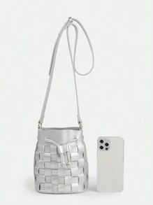 New Soft Pu Leather Woven Mini Drawstring Bucket Bag Crossbody Bag Y2k Millennium Girl Style Women's Bag - Silver - View 4