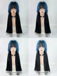 藍色黑色長直桶狀頭合成假髮,帶劉海蓬鬆女士蘿莉塔cosplay髮型,適合日常派對 - 藍色 - 查看 7