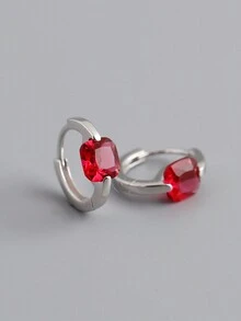 1pair Simple 925 Sterling Silver & Red Cubic Zirconia Hoop Earrings, Silver Jewelry Gift For Women's Birthday - AN240-s - View 2