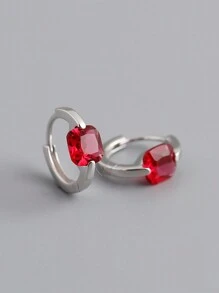 1pair Simple 925 Sterling Silver & Red Cubic Zirconia Hoop Earrings, Silver Jewelry Gift For Women's Birthday - AN240-s - View 1