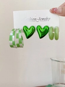 1 Set Of 3 Pairs Simple And Elegant Geometric Mismatch Shape Heart Stud Earrings, Suitable For Women's Daily Wear - Multicolor - View 2