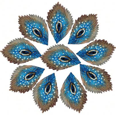 10pcs Sequined Peacock Feather Embroidered Cloth Sticker Patch