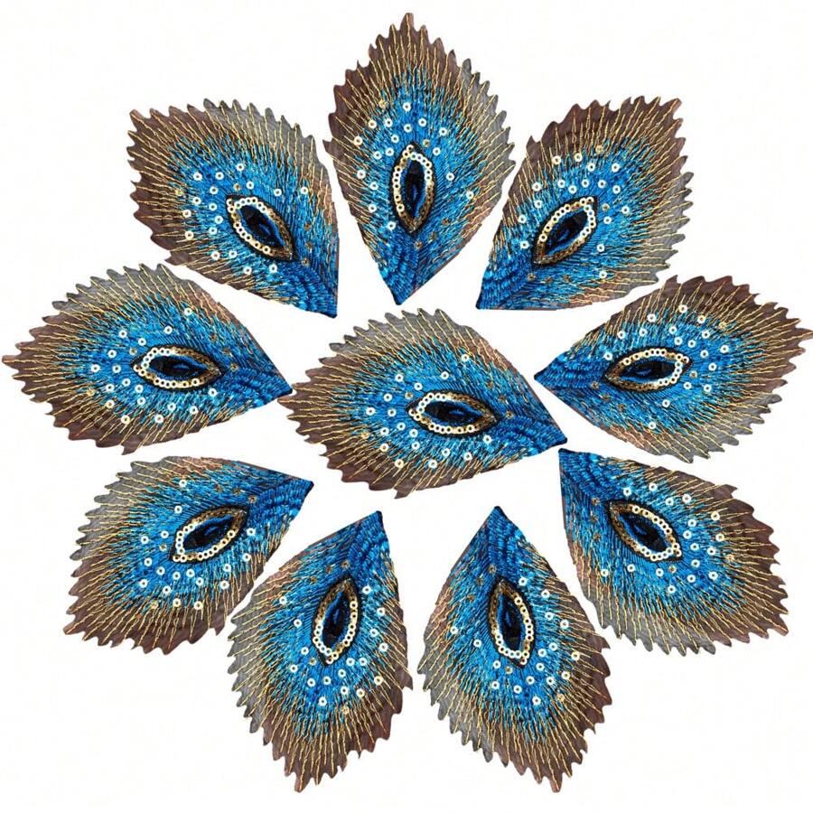 10入組亮片孔雀羽毛刺繡布貼紙 - 藍色 - 查看 1